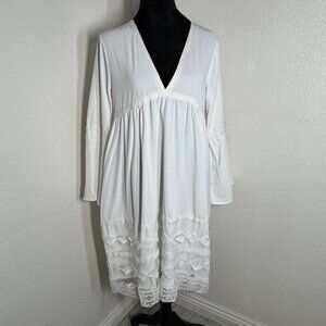 Womens White Boho Lace V-Neck Long Sleeve Dress‎ S